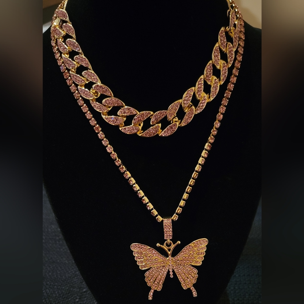 Pink rhinestone butterfly necklace